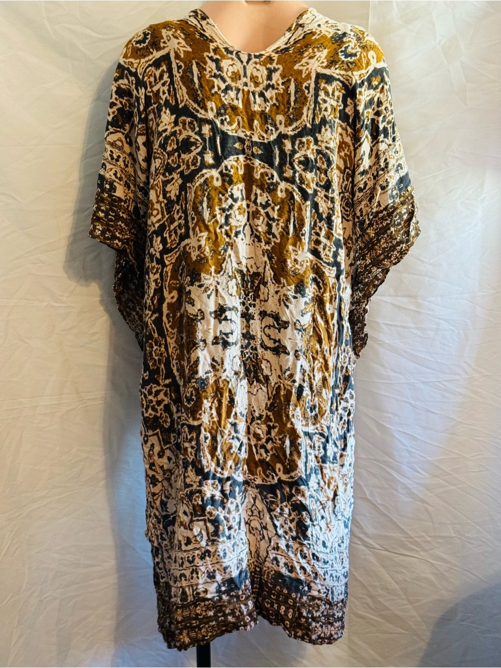 Earthy Boho Patterned Open Front Kimono - Mustard & Brown - Picture 4 of 5
